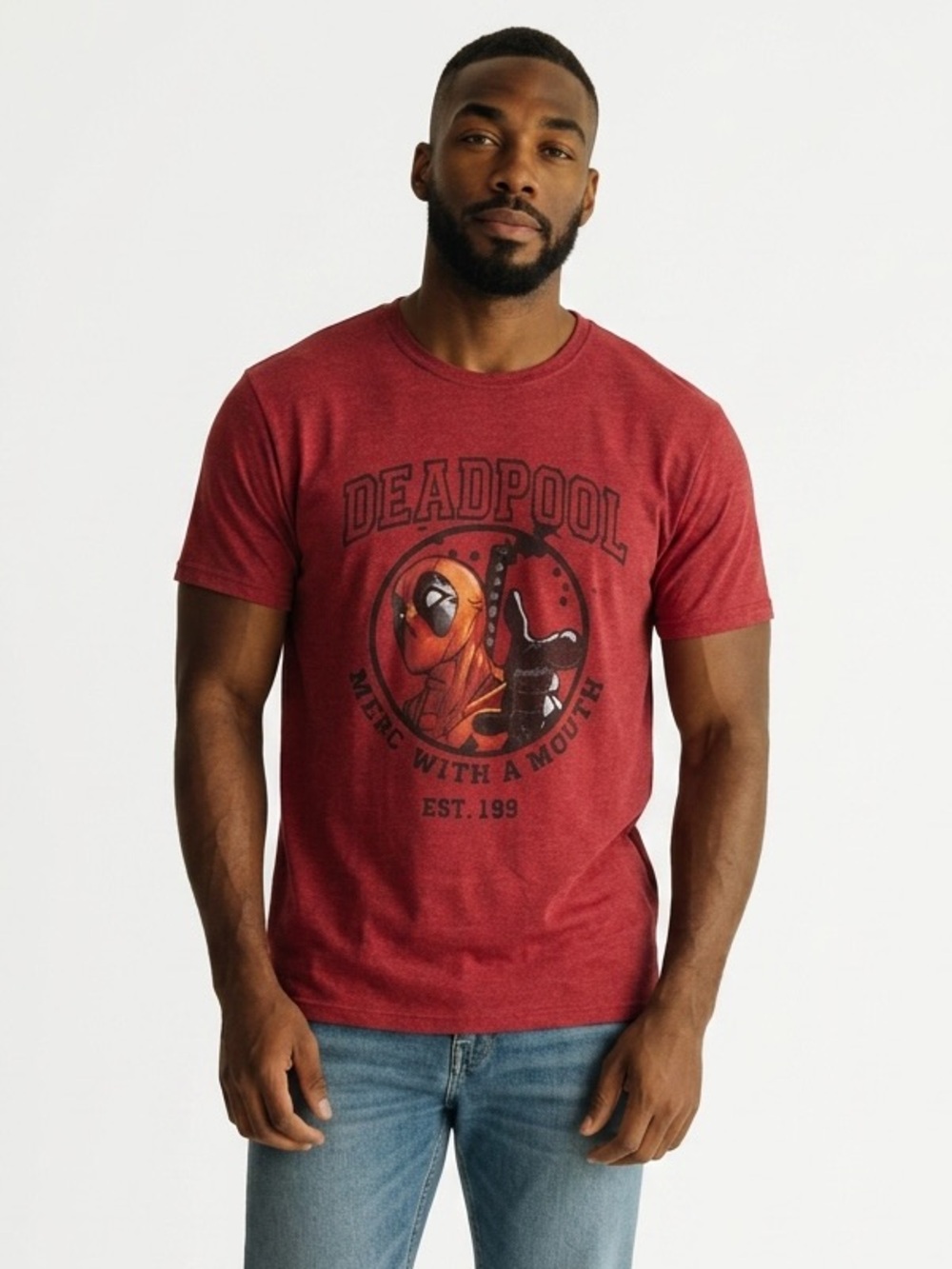 MARVEL (XL) Deadpool Short Sleeve Graphic Tee Red Crew Neck Cotton Blend